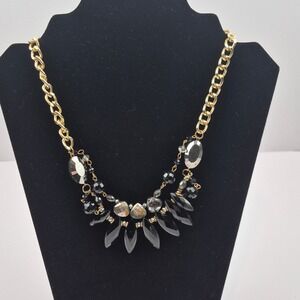 Statement Necklace 18-21" Black Faceted Beads Gold Tone Chain‎ Glam Party 80s